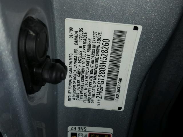 2HGFG12809H528260 - 2009 HONDA CIVIC EX SILVER photo 10