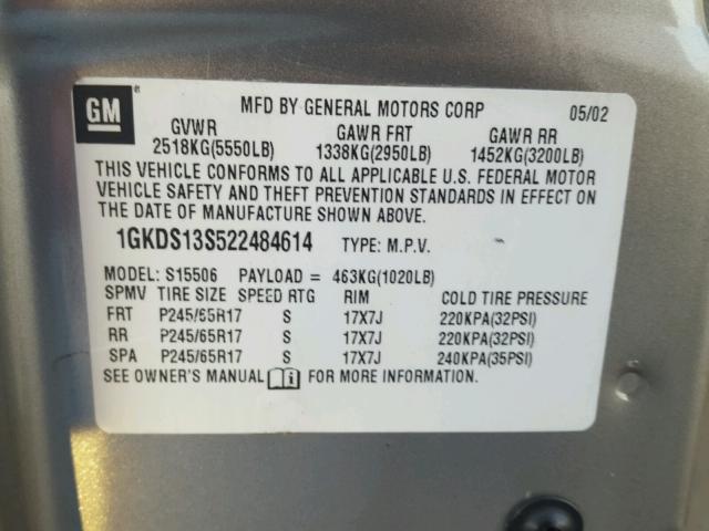 1GKDS13S522484614 - 2002 GMC ENVOY GRAY photo 10