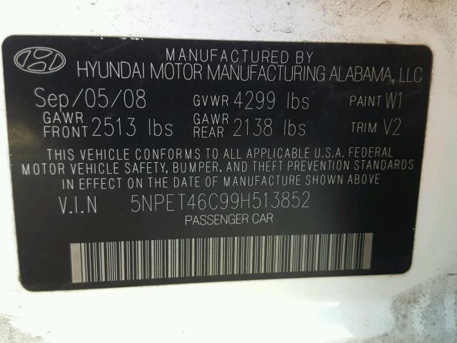 5NPET46C99H513852 - 2009 HYUNDAI SONATA GLS WHITE photo 10