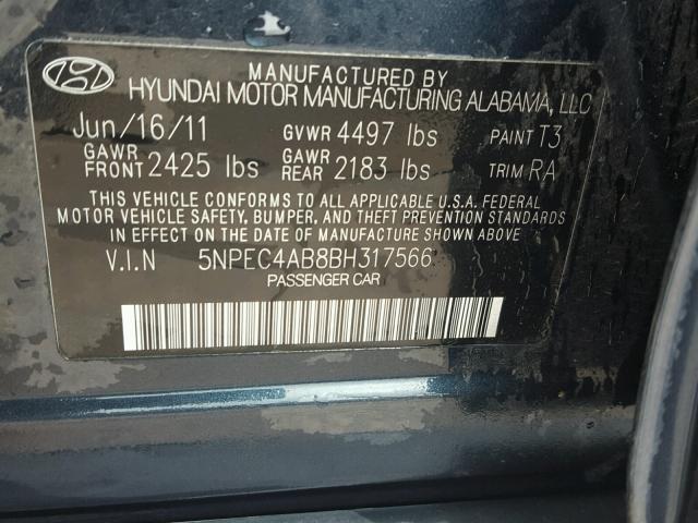 5NPEC4AB8BH317566 - 2011 HYUNDAI SONATA SE BLUE photo 10