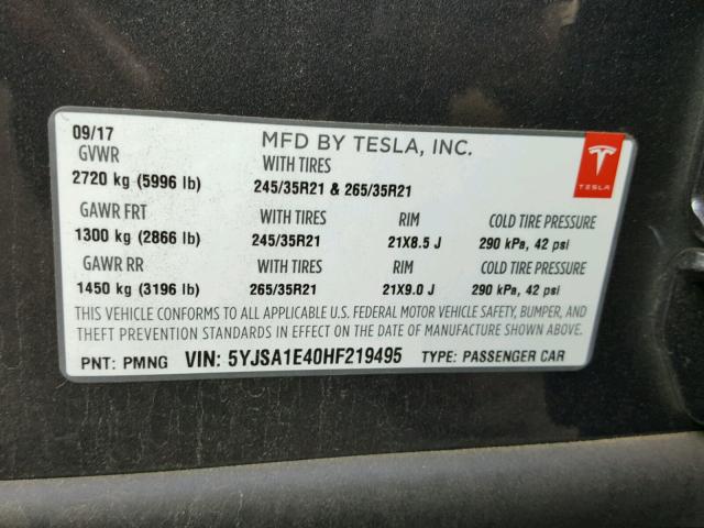 5YJSA1E40HF219495 - 2017 TESLA MODEL S GRAY photo 10