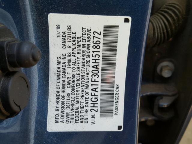 2HGFA1F30AH518672 - 2010 HONDA CIVIC VP BLUE photo 10