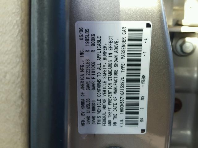 1HGCM56716A152974 - 2006 HONDA ACCORD EX TAN photo 10