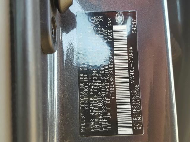 4T1BE46K59U875943 - 2009 TOYOTA CAMRY BASE CHARCOAL photo 10
