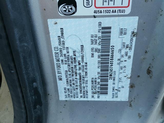 2FMZA57685BA66650 - 2005 FORD FREESTAR S SILVER photo 10