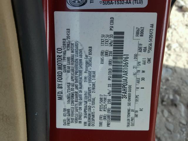 3FAHP0JA7AR106961 - 2010 FORD FUSION SEL RED photo 10