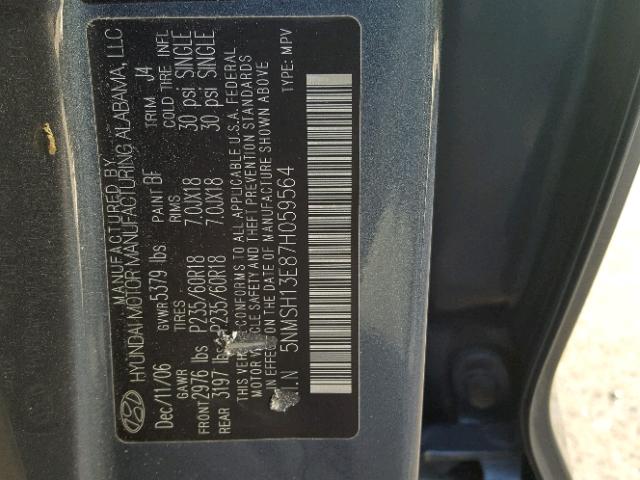 5NMSH13E87H059564 - 2007 HYUNDAI SANTA FE S BLUE photo 10