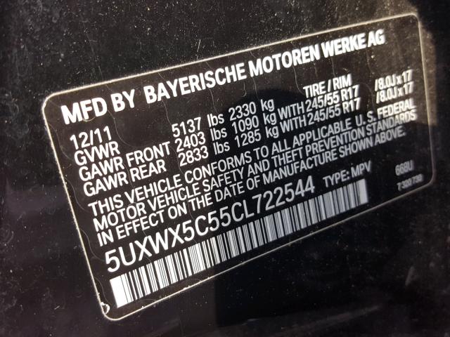 5UXWX5C55CL722544 - 2012 BMW X3 XDRIVE2 BLACK photo 10