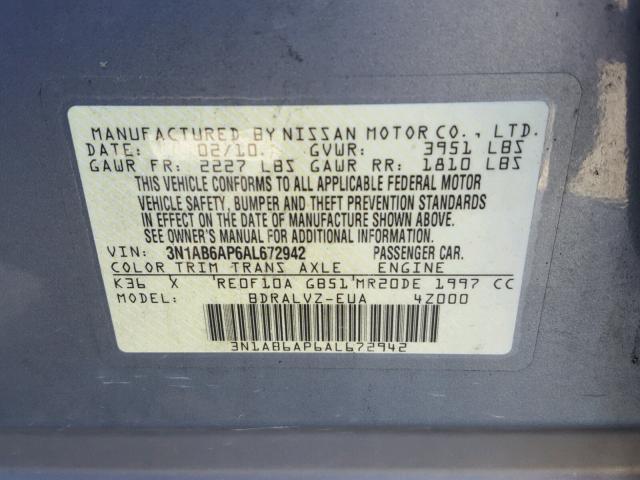 3N1AB6AP6AL672942 - 2010 NISSAN SENTRA 2.0 GRAY photo 10