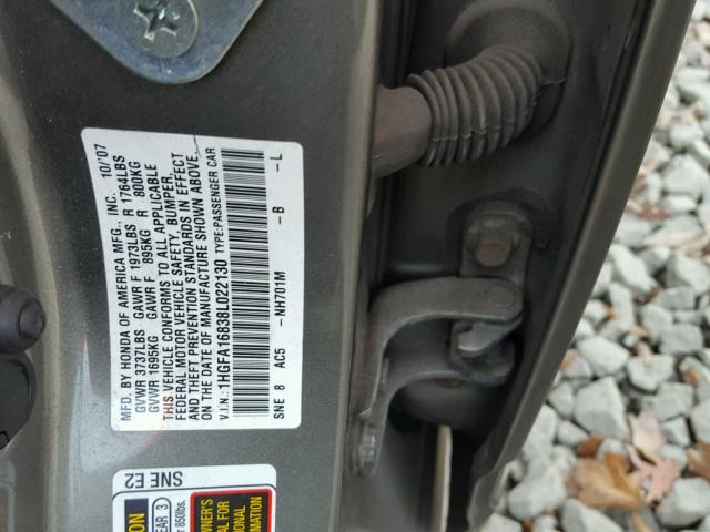 1HGFA16838L022130 - 2008 HONDA CIVIC EX ნაცრისფერი ფოტო 10