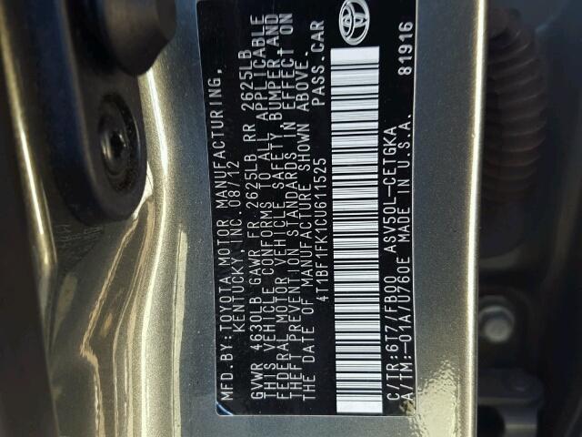 4T1BF1FK1CU611525 - 2012 TOYOTA CAMRY BASE GREEN photo 10