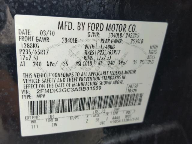 2FMDK3GC3ABB31559 - 2010 FORD EDGE SE BLACK photo 10