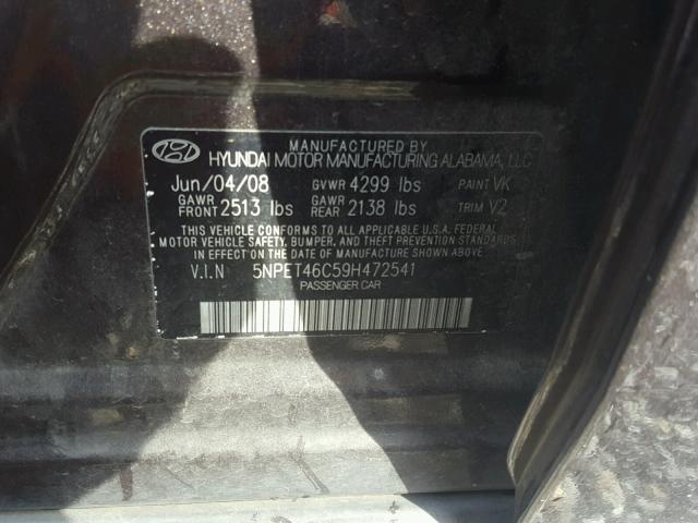 5NPET46C59H472541 - 2009 HYUNDAI SONATA GLS BLACK photo 10