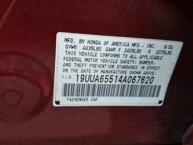 19UUA65514A067620 - 2004 ACURA TL BURGUNDY photo 10