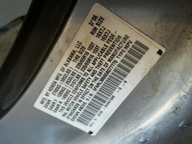 5FNRL38666B077779 - 2006 HONDA ODYSSEY EX SILVER photo 10