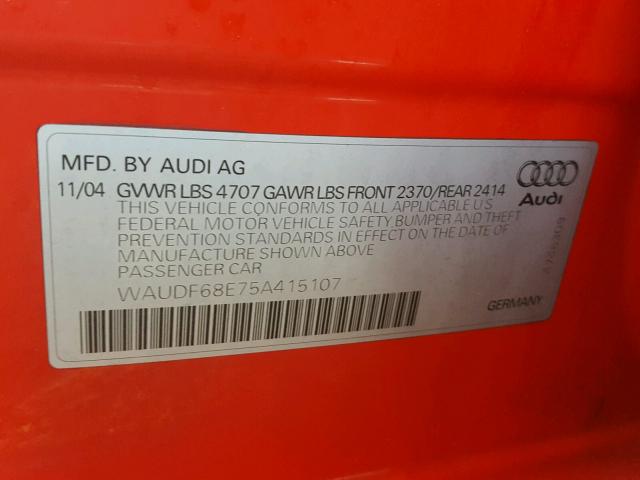 WAUDF68E75A415107 - 2005 AUDI A4 2.0T QU RED photo 10