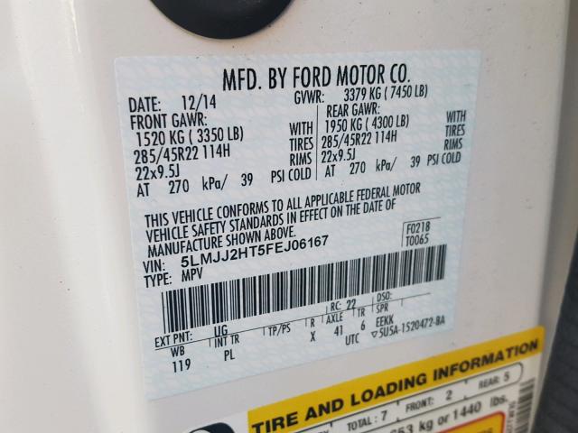 5LMJJ2HT5FEJ06167 - 2015 LINCOLN NAVIGATOR Biały zdjęcie 10