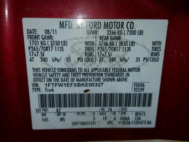 1FTFW1EFXBKE00327 - 2011 FORD F150 SUPER RED photo 10