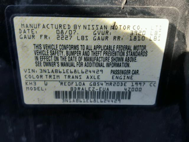 3N1AB61E68L624429 - 2008 NISSAN SENTRA 2.0 BLACK photo 10