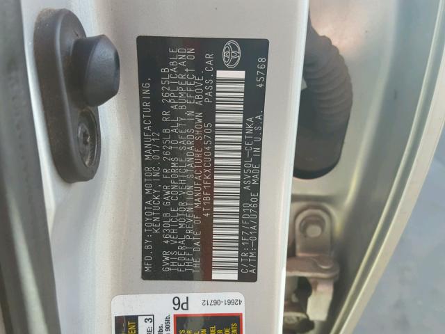 4T1BF1FKXCU045705 - 2012 TOYOTA CAMRY BASE SILVER photo 10