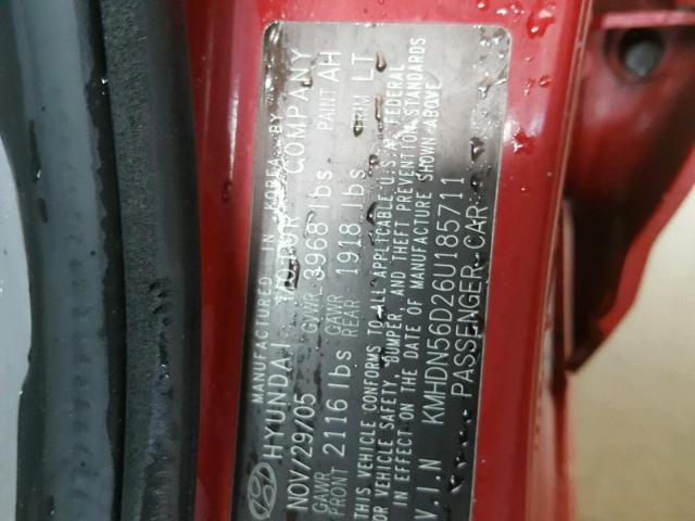 KMHDN56D26U185711 - 2006 HYUNDAI ELANTRA GL RED photo 10