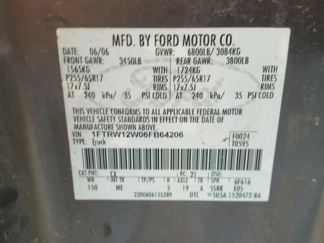 1FTRW12W06FB64206 - 2006 FORD F150 SUPER GRAY photo 10