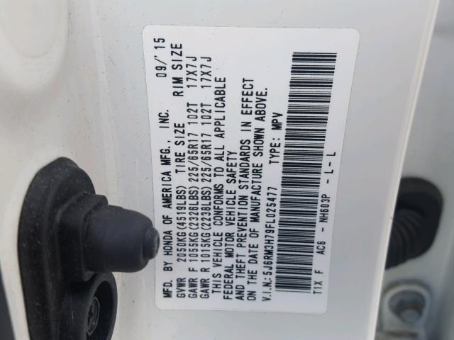 5J6RM3H79FL025477 - 2015 HONDA CR-V EXL WHITE photo 10