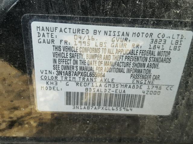 3N1AB7APXGL655964 - 2016 NISSAN SENTRA S BLACK photo 10