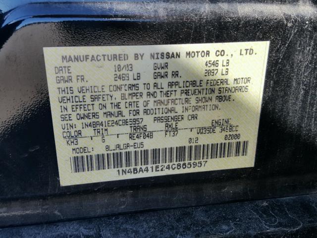 1N4BA41E24C865957 - 2004 NISSAN MAXIMA SE BLACK photo 10