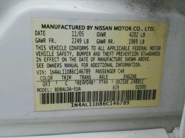 1N4AL11D86C146789 - 2006 NISSAN ALTIMA S WHITE photo 10