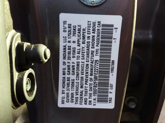 19XFB2F58FE227729 - 2015 HONDA CIVIC LX GRAY photo 10