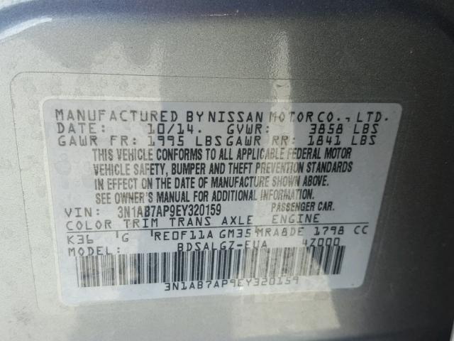 3N1AB7AP9EY320159 - 2014 NISSAN SENTRA S GRAY photo 10