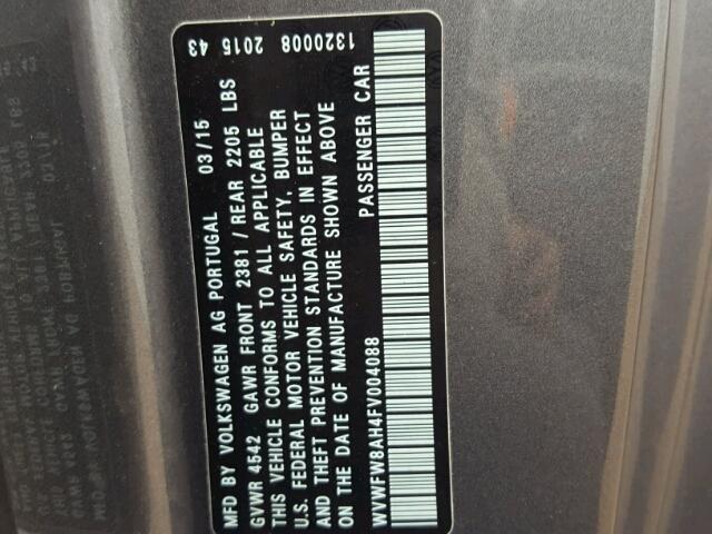 WVWFW8AH4FV004088 - 2015 VOLKSWAGEN EOS LUX 灰色 照片 10