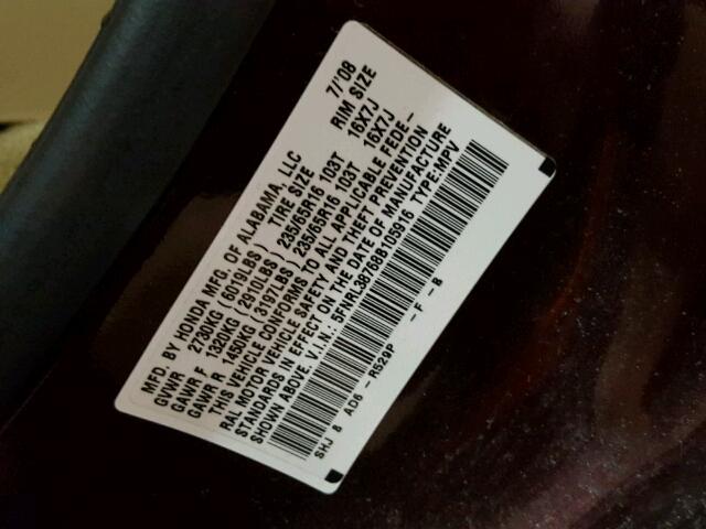 5FNRL38768B105916 - 2008 HONDA ODYSSEY EX MAROON photo 10