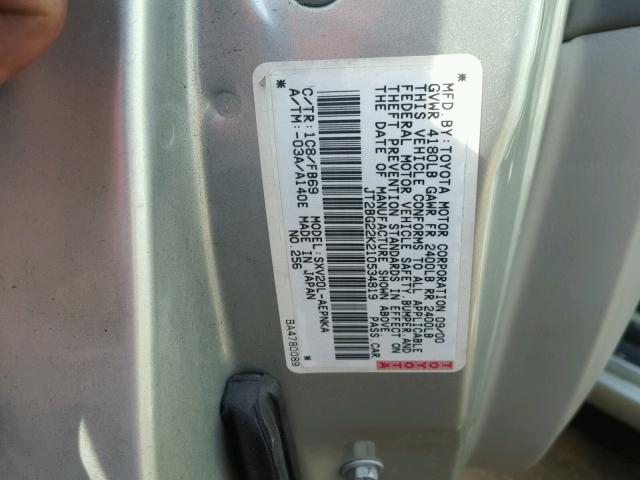 JT2BG22K210534819 - 2001 TOYOTA CAMRY CE SILVER photo 10