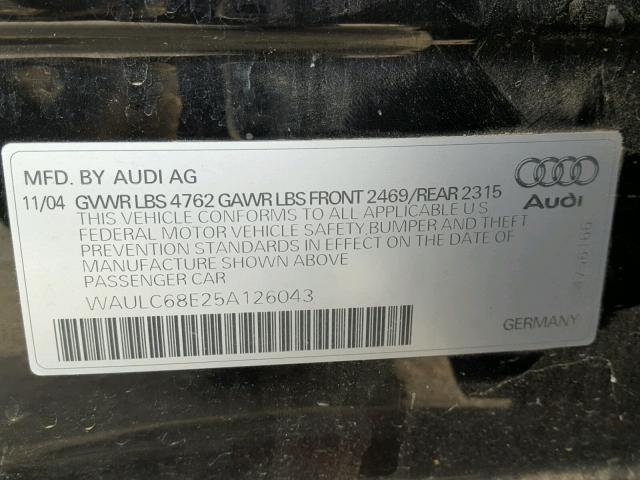 WAULC68E25A126043 - 2005 AUDI A4 1.8T QU BLACK photo 10