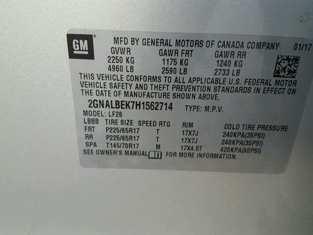 2GNALBEK7H1562714 - 2017 CHEVROLET EQUINOX LS SILVER photo 10