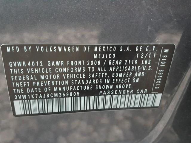 3VW1K7AJ8CM359805 - 2012 VOLKSWAGEN JETTA BASE GRAY photo 10