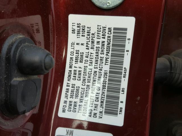 JHMZE2H78BS012361 - 2011 HONDA INSIGHT EX MAROON photo 10