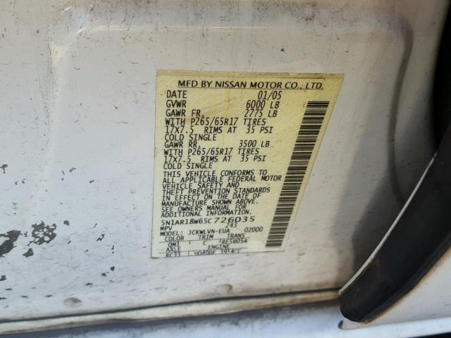 5N1AR18W65C726035 - 2005 NISSAN PATHFINDER TWO TONE photo 10