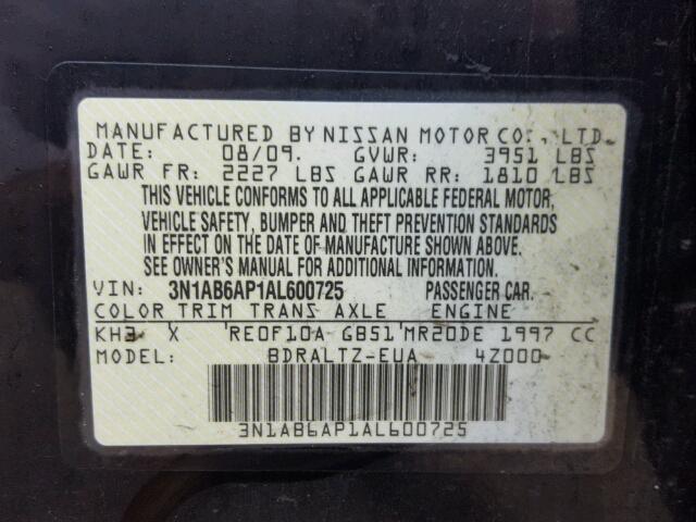 3N1AB6AP1AL600725 - 2010 NISSAN SENTRA 2.0 BLACK photo 10