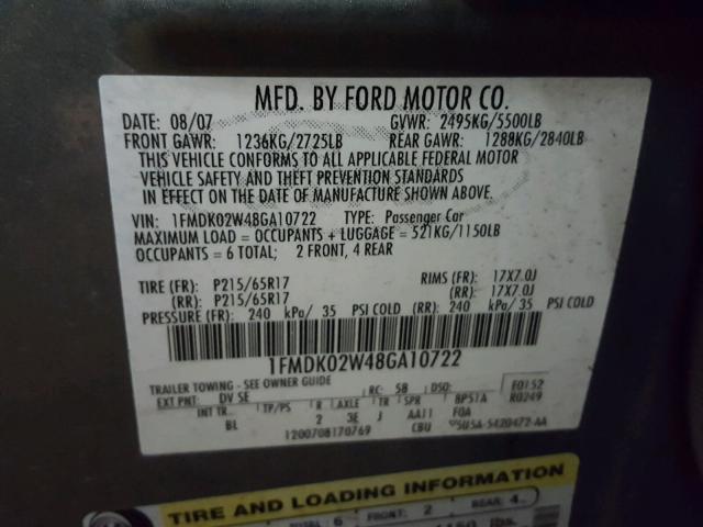 1FMDK02W48GA10722 - 2008 FORD TAURUS X S GRAY photo 10