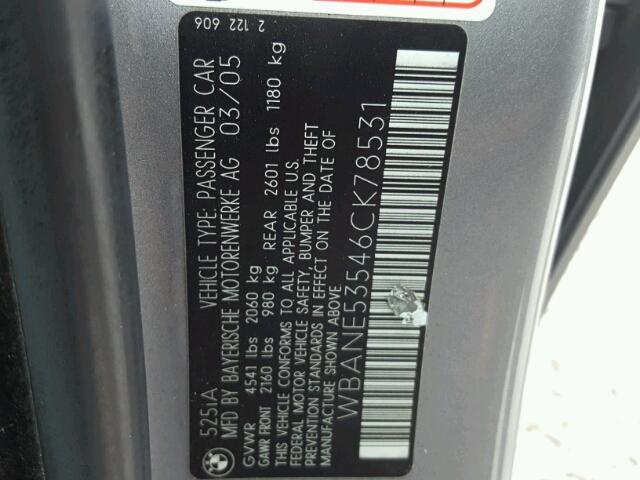 WBANE53546CK78531 - 2006 BMW 525 I GRAY photo 10