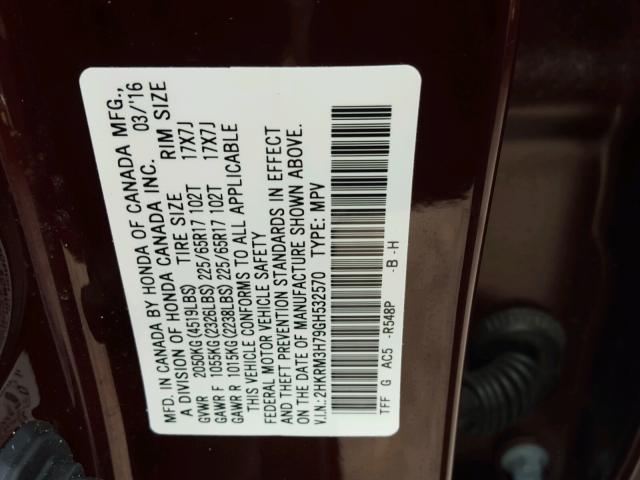 2HKRM3H79GH532570 - 2016 HONDA CR-V EXL 勃艮第红 照片 10