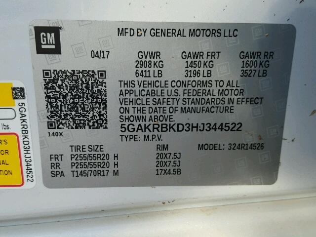 5GAKRBKD3HJ344522 - 2017 BUICK ENCLAVE WHITE photo 10