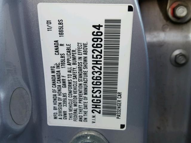 2HGES16632H526964 - 2002 HONDA CIVIC LX SILVER photo 10