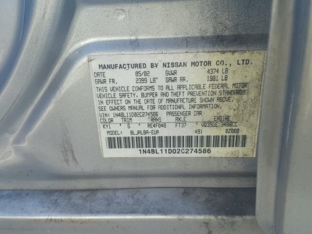 1N4BL11D02C274586 - 2002 NISSAN ALTIMA SE SILVER photo 10