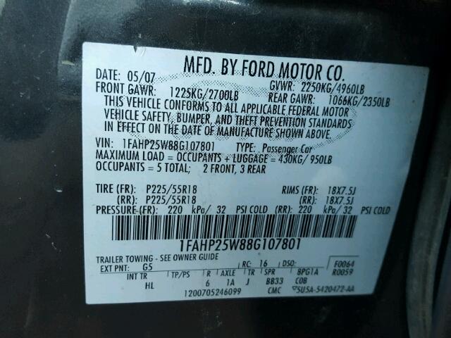 1FAHP25W88G107801 - 2008 FORD TAURUS LIM BLACK photo 10