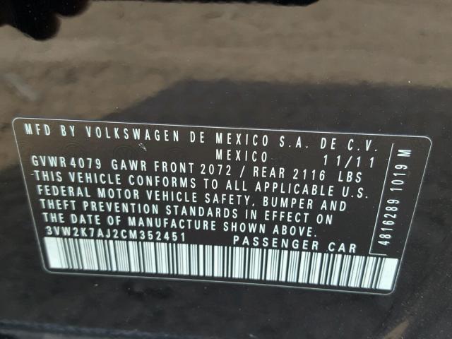 3VW2K7AJ2CM352451 - 2012 VOLKSWAGEN JETTA BASE BLACK photo 10
