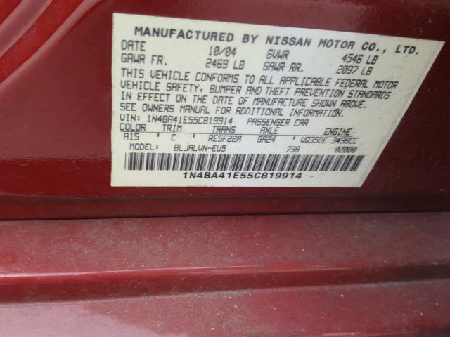 1N4BA41E55C819914 - 2005 NISSAN MAXIMA SE RED photo 10